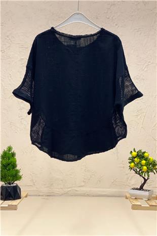 Oval Cut Linen Blouse with Mesh on the Sides