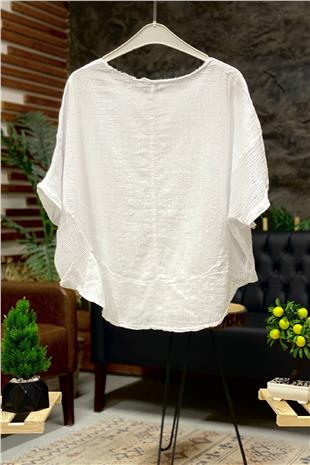 Oval Cut Linen Blouse with Mesh on the Sides