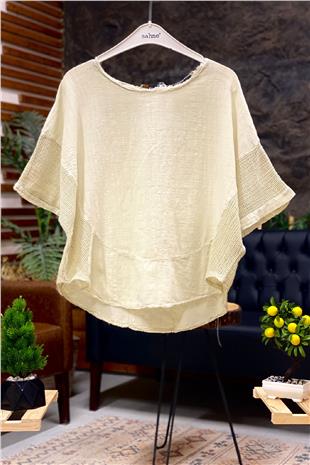 Oval Cut Linen Blouse with Mesh on the Sides