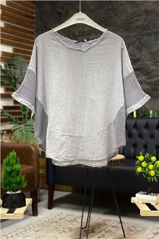 Oval Cut Linen Blouse with Mesh on the Sides