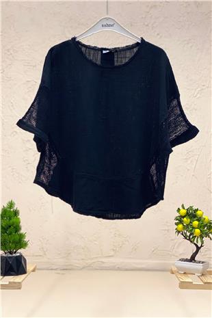 Oval Cut Linen Blouse with Mesh on the Sides