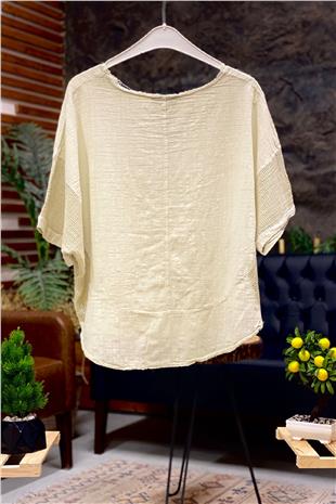 Oval Cut Linen Blouse with Mesh on the Sides