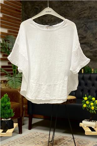 Oval Cut Linen Blouse with Mesh on the Sides