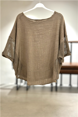Yanları Oval Taşlı Oversize Keten Bluz