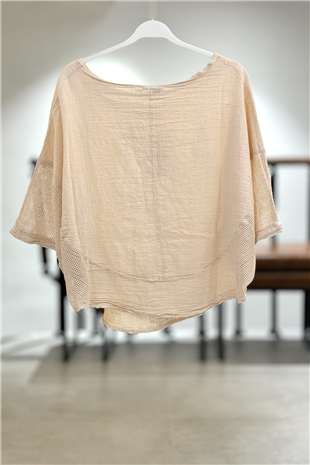 Yanları Oval Taşlı Oversize Keten Bluz