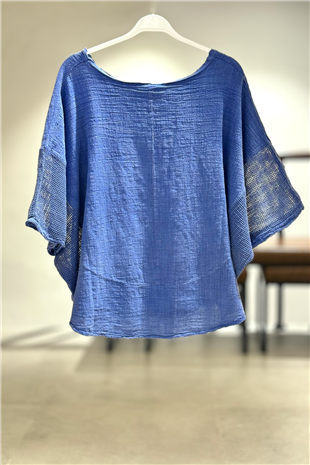 Yanları Oval Taşlı Oversize Keten Bluz