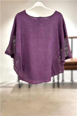 Yanları Oval Taşlı Oversize Keten Bluz