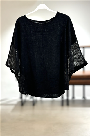 Yanları Oval Taşlı Oversize Keten Bluz