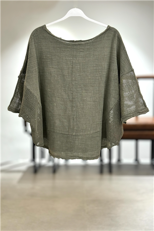 Yanları Oval Taşlı Oversize Keten Bluz