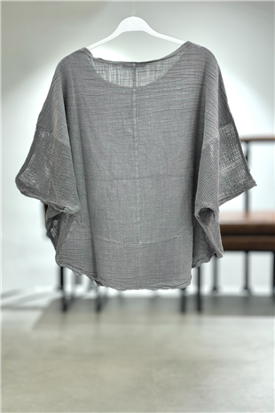 Yanları Oval Taşlı Oversize Keten Bluz