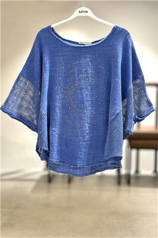 Yanları Oval Taşlı Oversize Keten Bluz