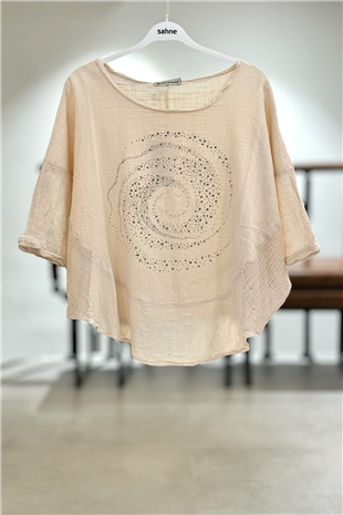 Yanları Oval Taşlı Oversize Keten Bluz