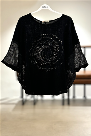 Yanları Oval Taşlı Oversize Keten Bluz