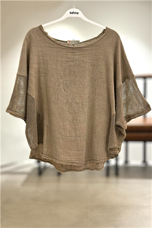 Yanları Oval Taşlı Oversize Keten Bluz