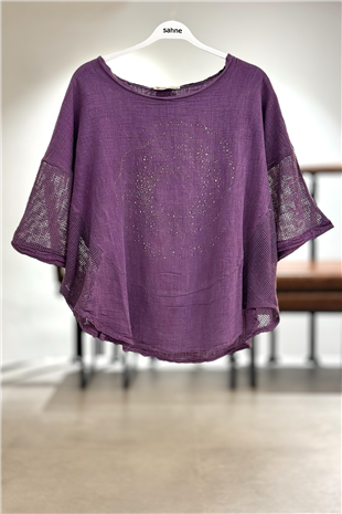Yanları Oval Taşlı Oversize Keten Bluz