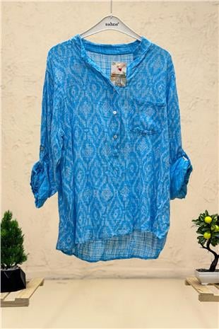 Yeni Çini Desen Hakim Yaka Keten Gömlek
