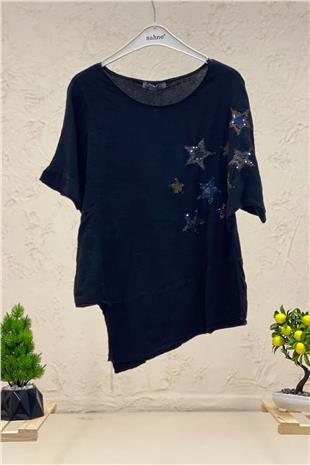 Star Sequin Short Sleeve Asymmetrical Linen Blouse