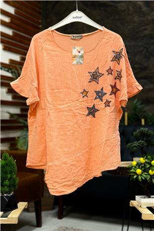 Yıldız Pullu Kısa Kol Asimetrik Keten Bluz