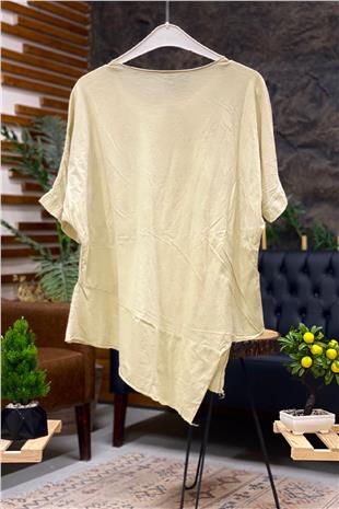 Star Sequin Short Sleeve Asymmetrical Linen Blouse