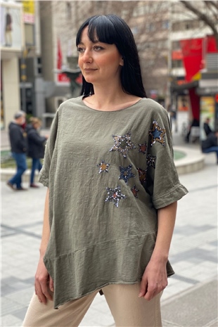 Star Sequin Short Sleeve Asymmetrical Linen Blouse