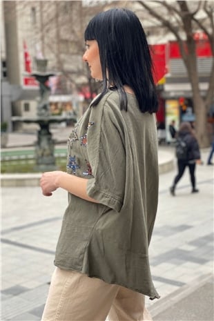 Star Sequin Short Sleeve Asymmetrical Linen Blouse