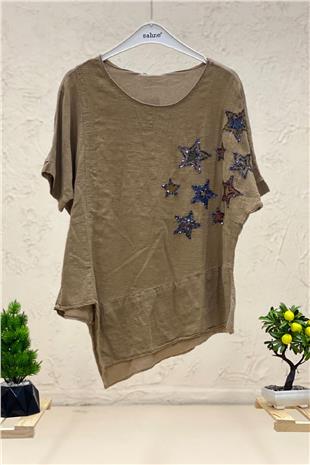 Star Sequin Short Sleeve Asymmetrical Linen Blouse