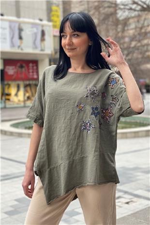 Star Sequin Short Sleeve Asymmetrical Linen Blouse