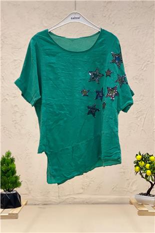 Star Sequin Short Sleeve Asymmetrical Linen Blouse