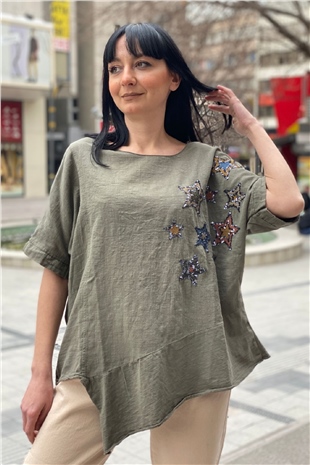 Star Sequin Short Sleeve Asymmetrical Linen Blouse