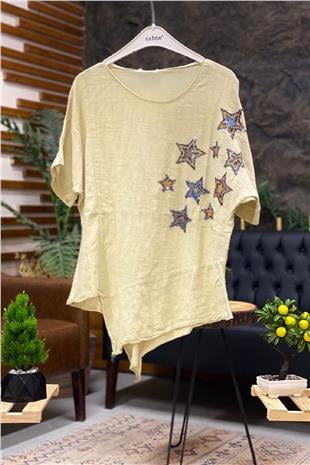 Star Sequin Short Sleeve Asymmetrical Linen Blouse