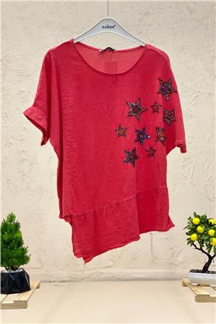 Star Sequin Short Sleeve Asymmetrical Linen Blouse