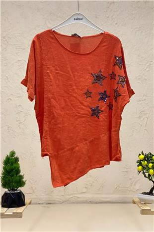 Star Sequin Short Sleeve Asymmetrical Linen Blouse
