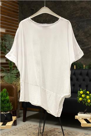 Star Sequin Short Sleeve Asymmetrical Linen Blouse