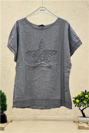 Yıldız Pullu Oversize Kısa Kol Salaş Bluz