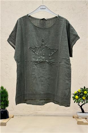Yıldız Pullu Oversize Kısa Kol Salaş Bluz