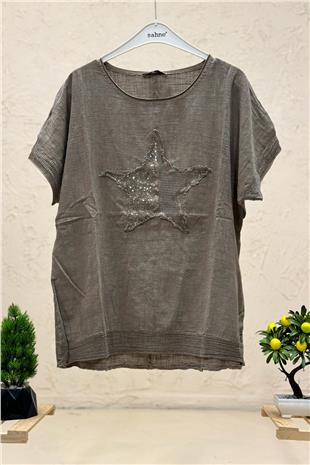 Yıldız Pullu Oversize Kısa Kol Salaş Bluz