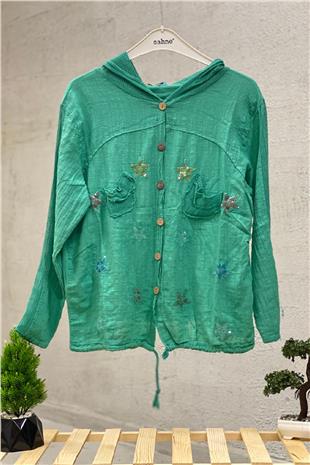 Starry Long Sleeve Hooded Linen Shirt