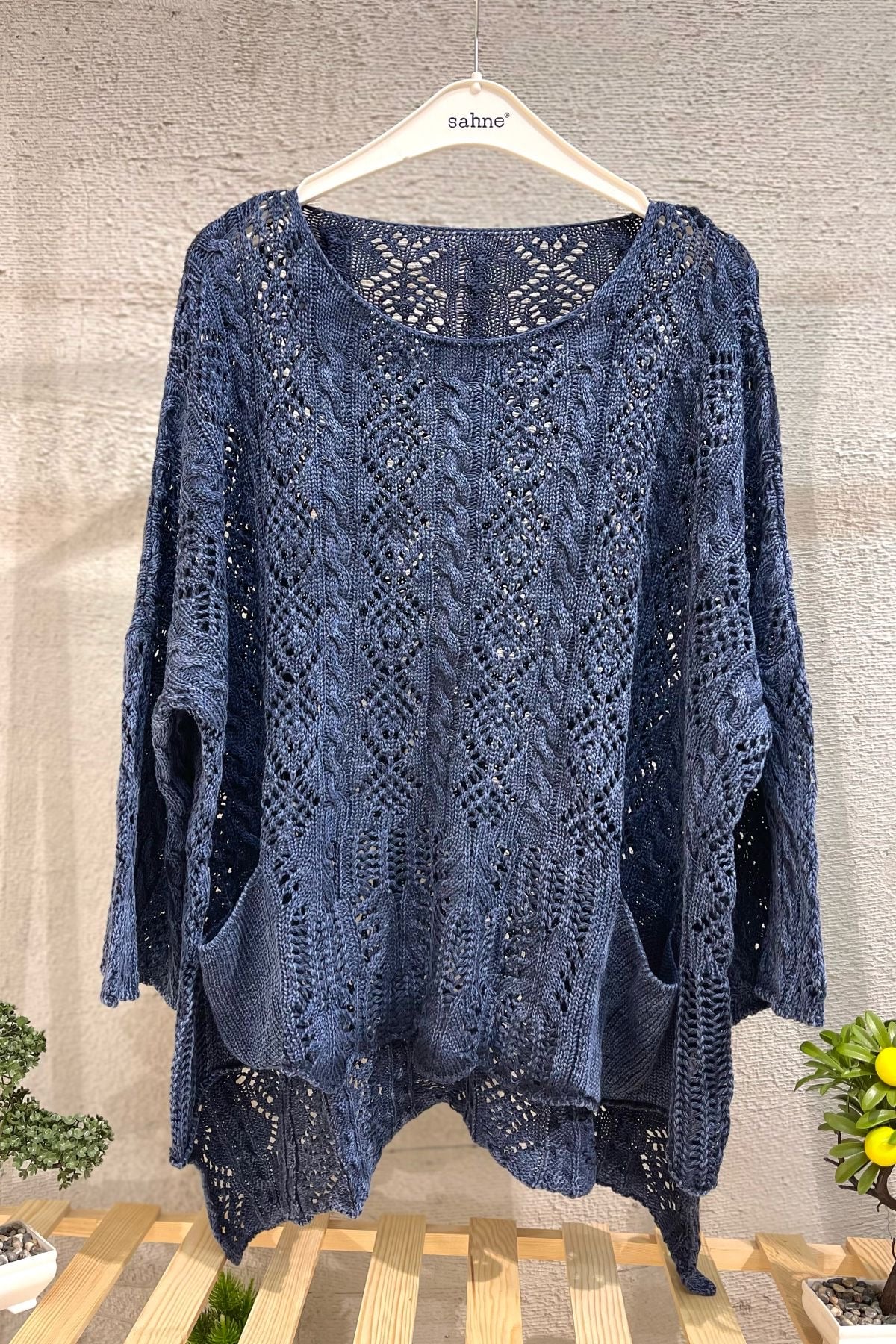 Openwork Square Neck Pocket Asymmetrical Sweater