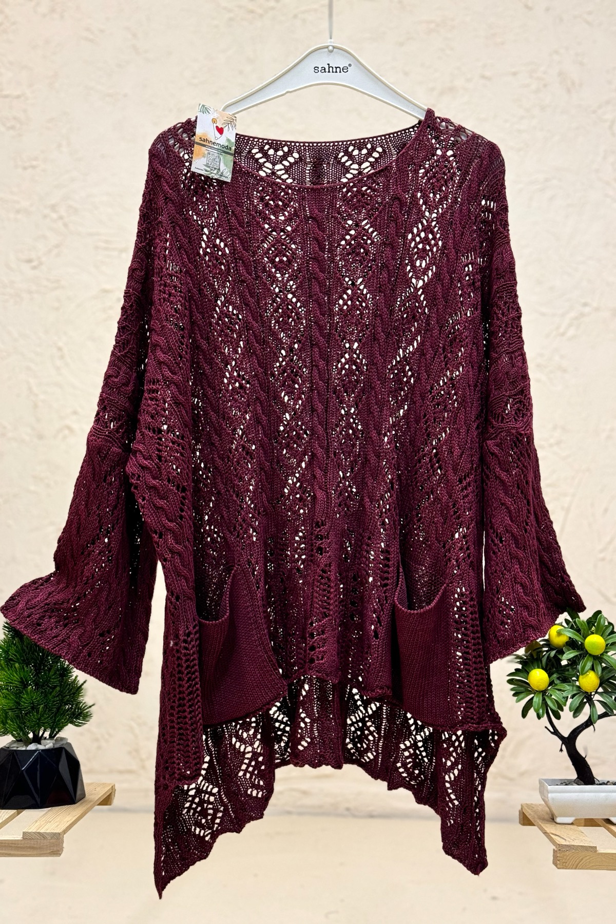Openwork Square Neck Pocket Asymmetrical Sweater