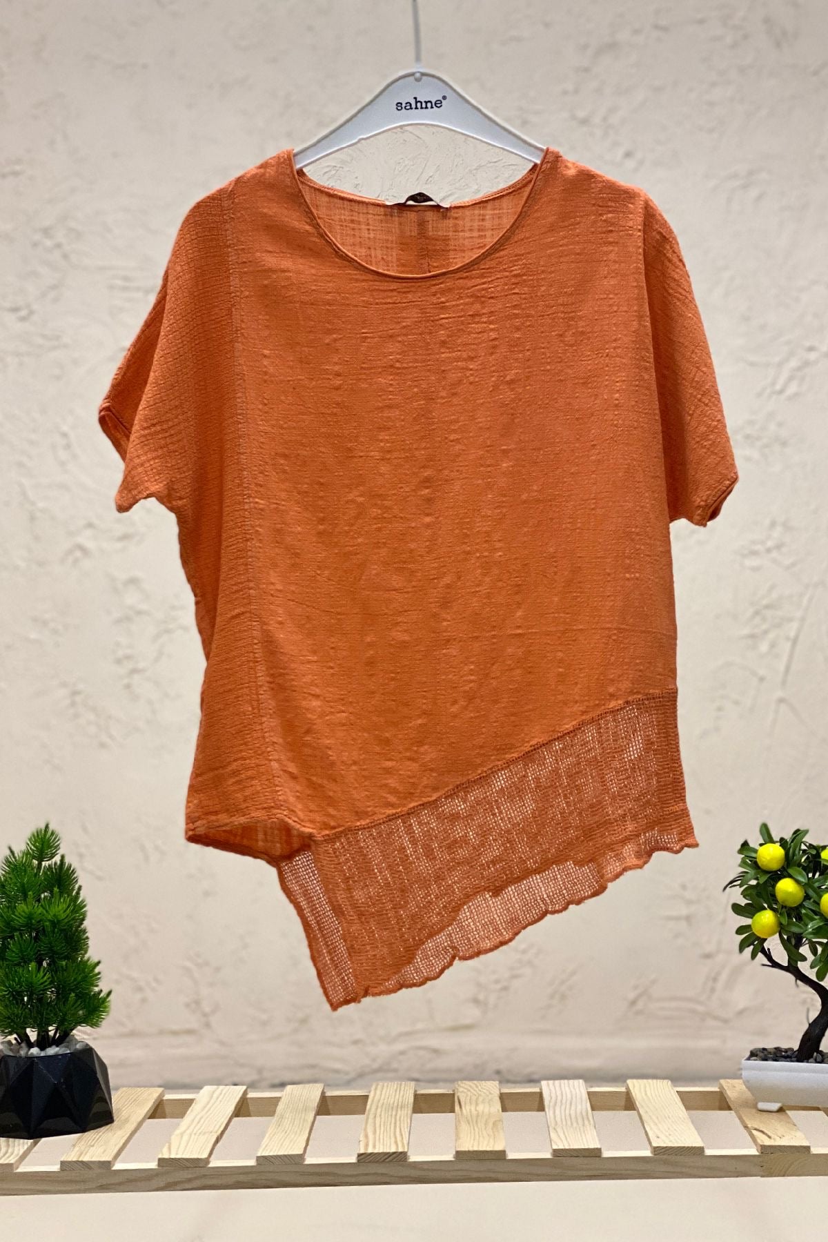 Asymmetrical Mesh Detail Short Sleeve Linen Blouse