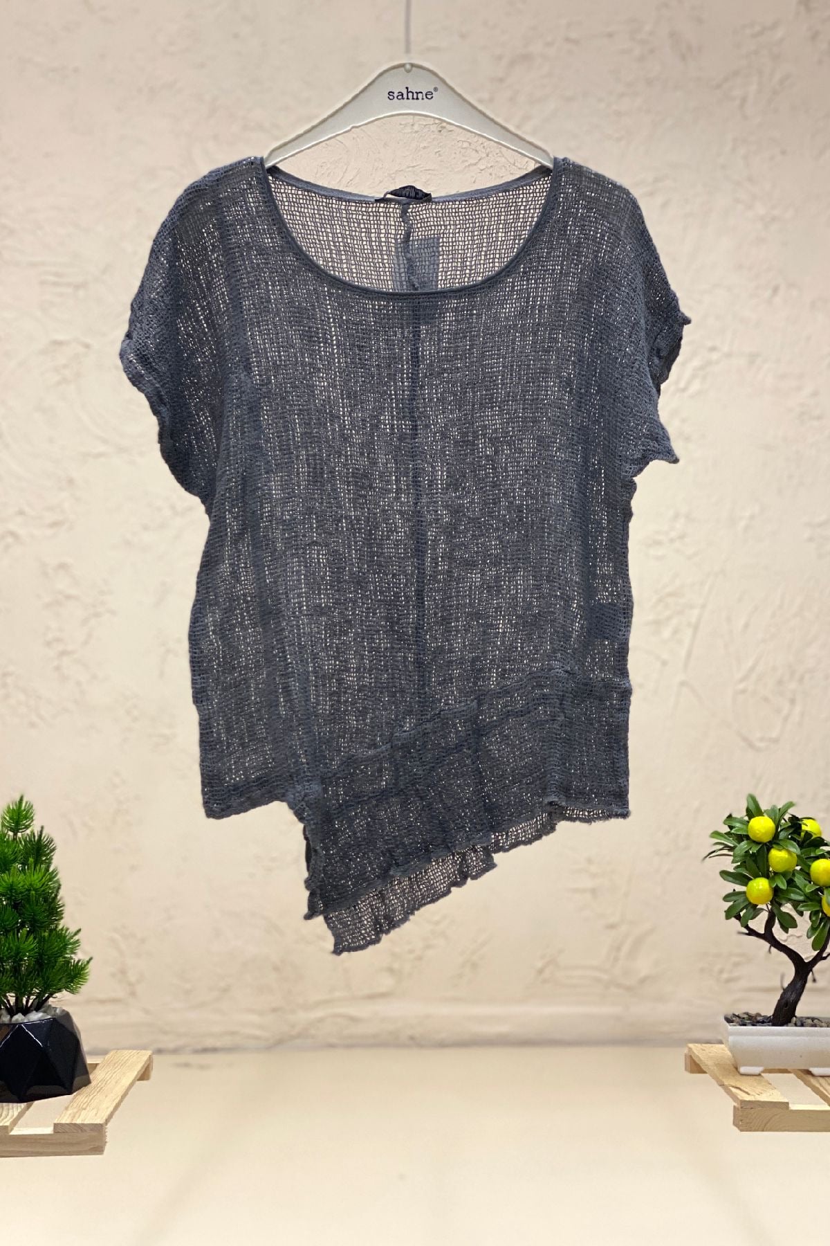 Asymmetrical Short Sleeve Mesh Detail Blouse