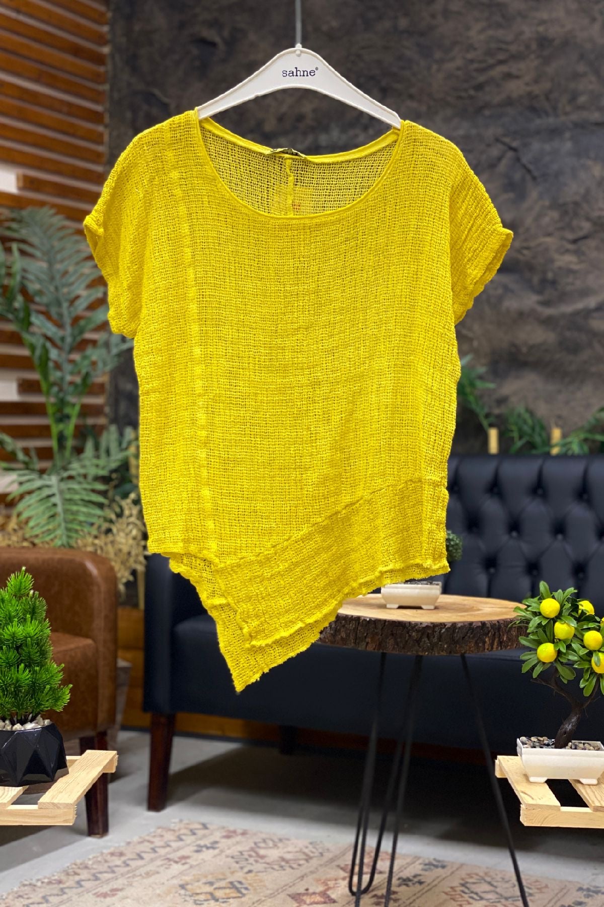 Asymmetrical Short Sleeve Mesh Detail Blouse