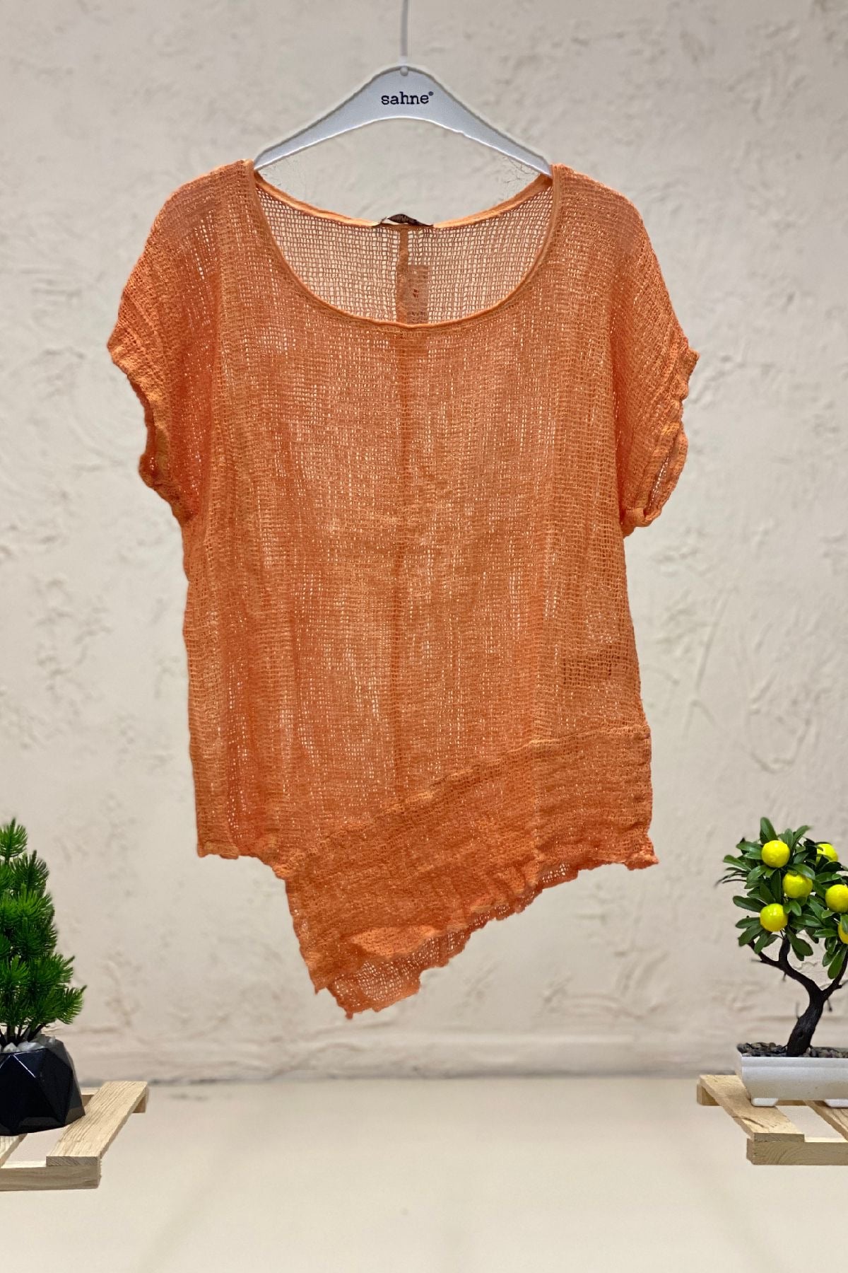 Asymmetrical Short Sleeve Mesh Detail Blouse