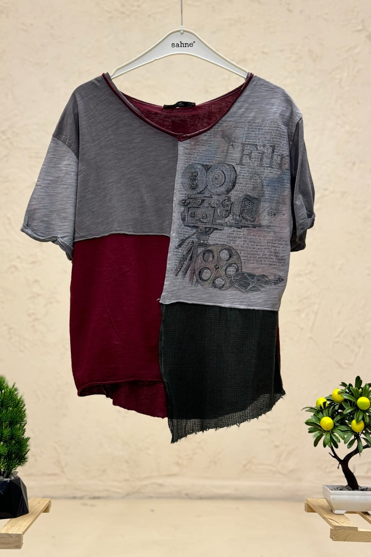 Baskılı Zımba Taş Detaylı Parçalı Kısa Kol Penye Tshirt