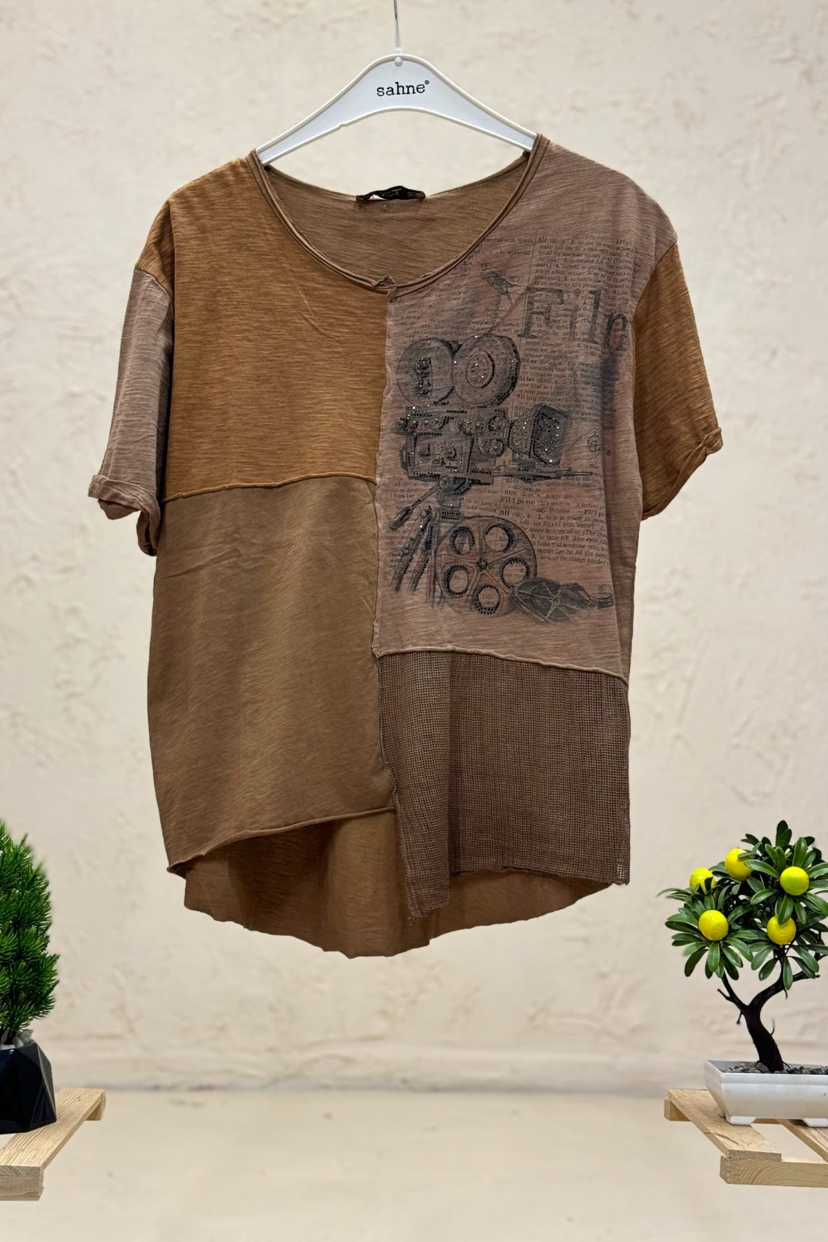 Baskılı Zımba Taş Detaylı Parçalı Kısa Kol Penye Tshirt