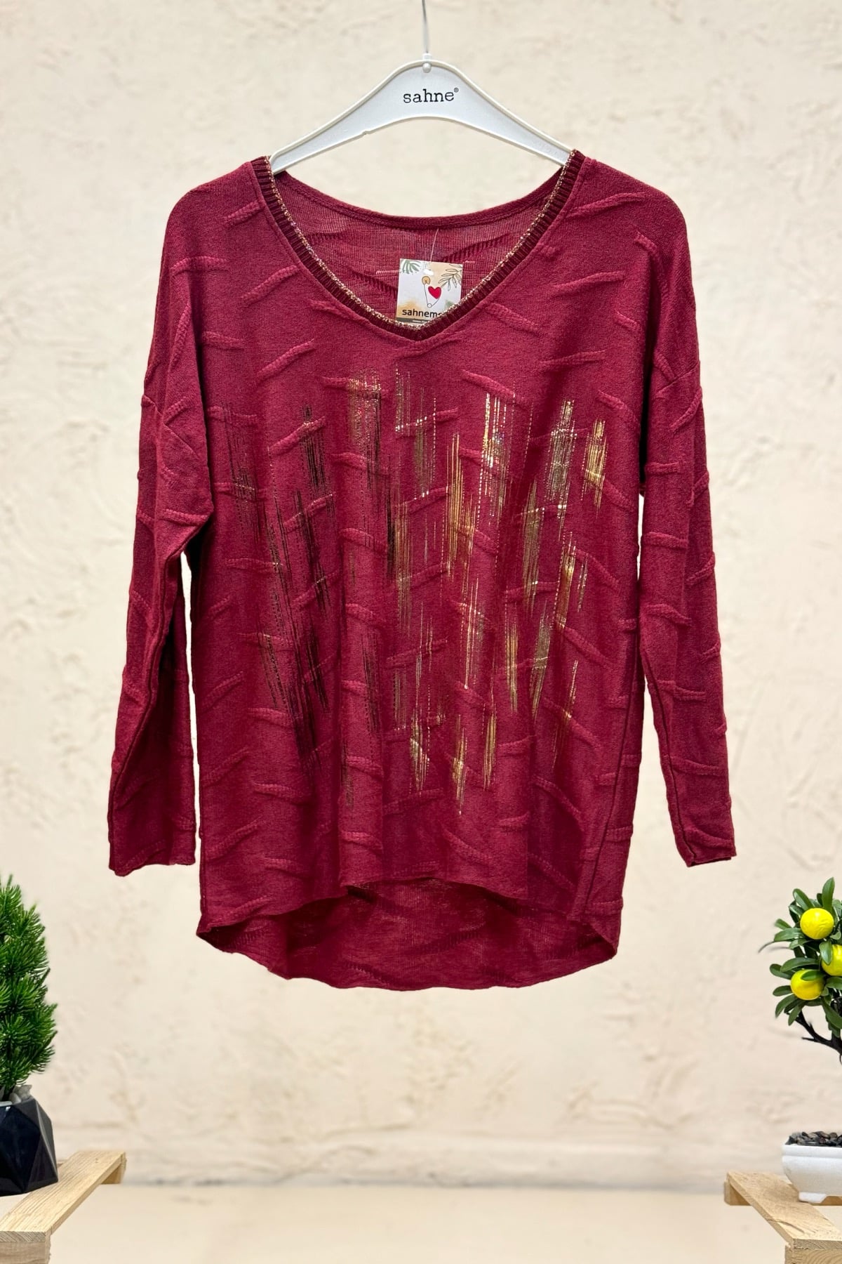 Batik Çizgi Desen V Yaka Uzun Kol  İthal Bluz