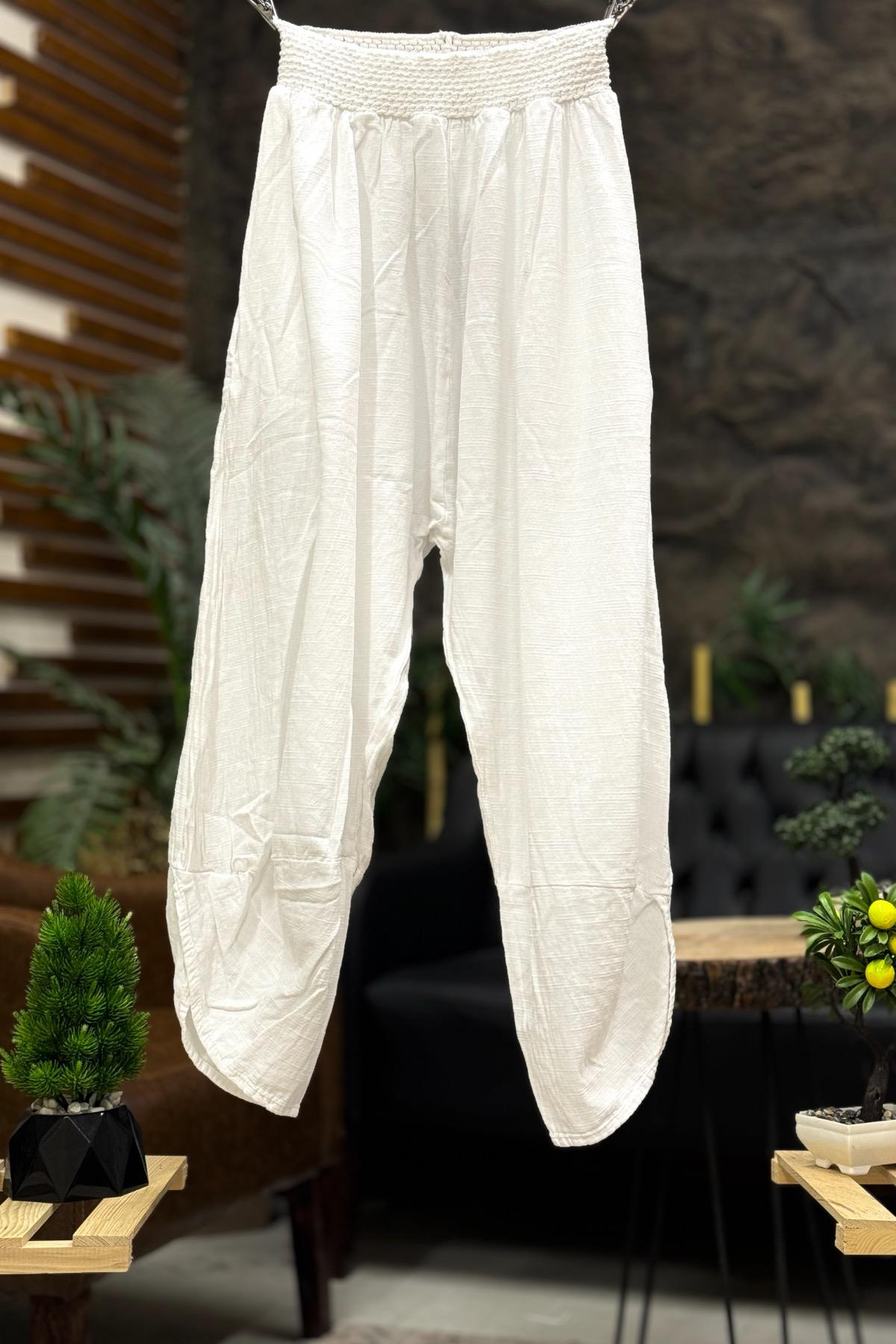 Bel Kopenaklı Dar Paça Şalvar Keten Pantolon