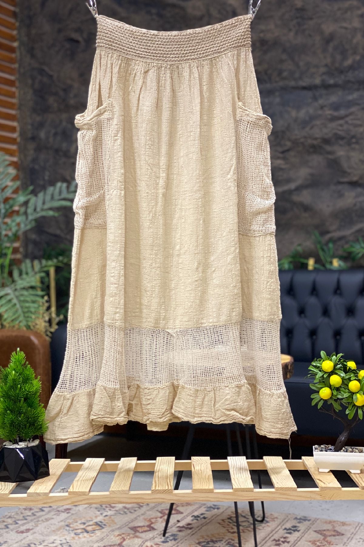 Mesh Linen Skirt with Waist Opening