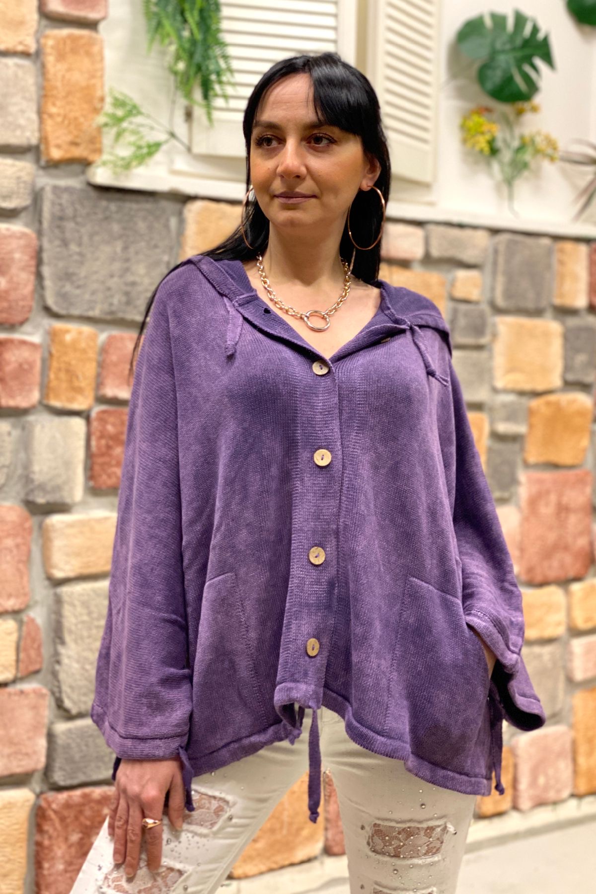 Buttoned Hooded Pocket Bat Wash Cardigan