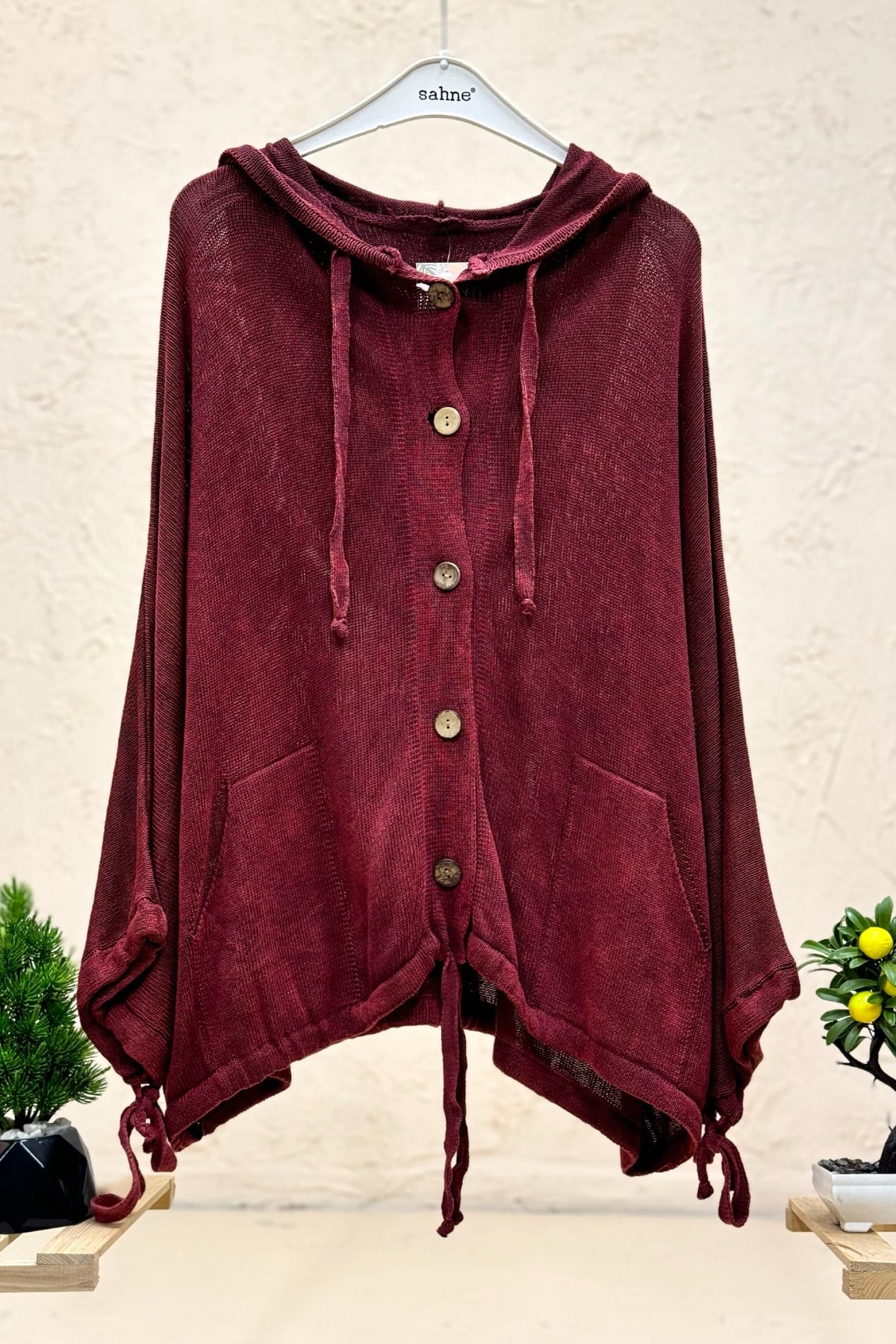 Buttoned Hooded Pocket Bat Wash Cardigan